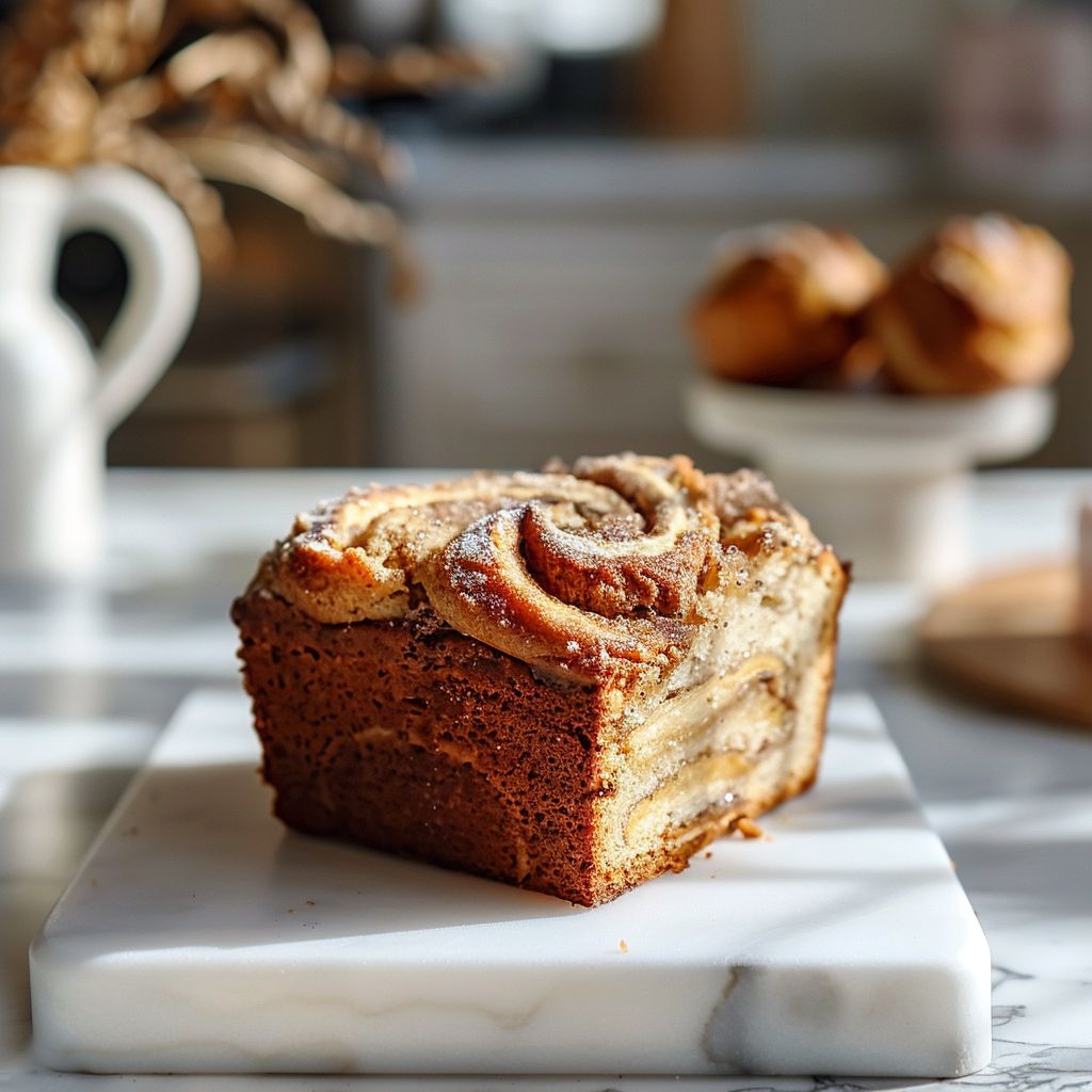 A slice of cinnamon swirl banana bread on a white marble countertop, illuminated by natural light.