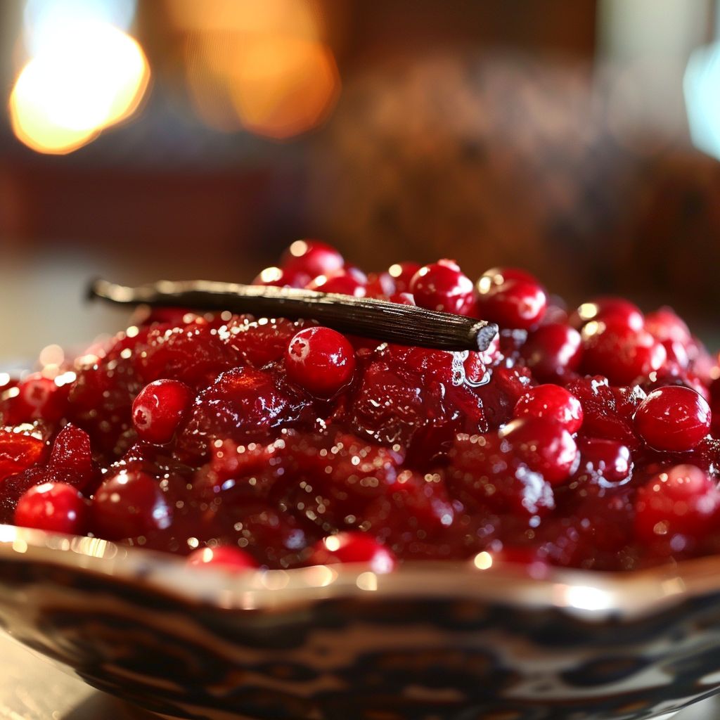 Close-up of Bourbon Vanilla Cider Cranberry Sauce with cranberries and vanilla bean.