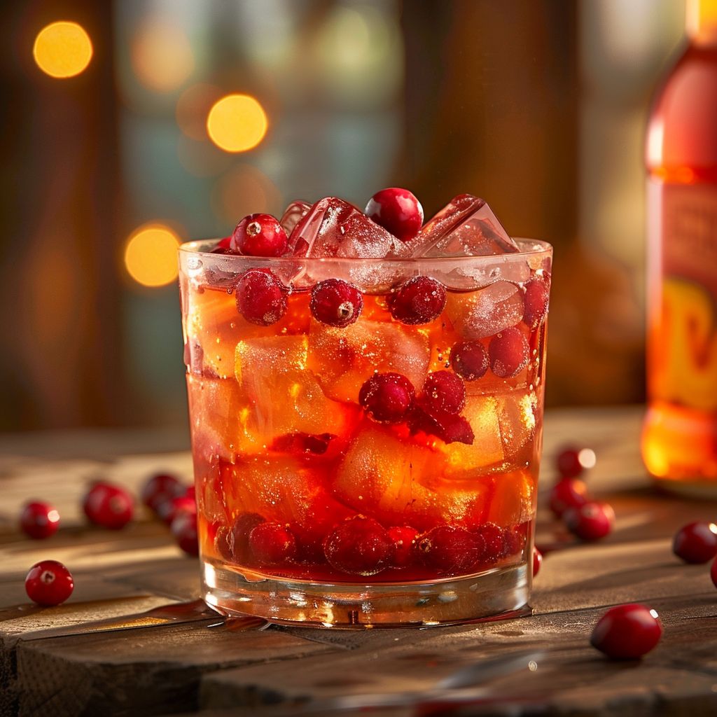 Close-up of a vibrant Thanksgiving Punch in a glass, with cranberries and ice garnishing.
