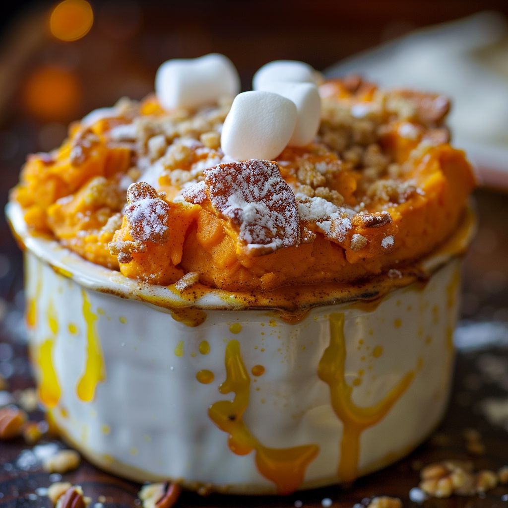 Close-up of a creamy, golden sweet potato souffle in a dish, with a soft, blurred background.