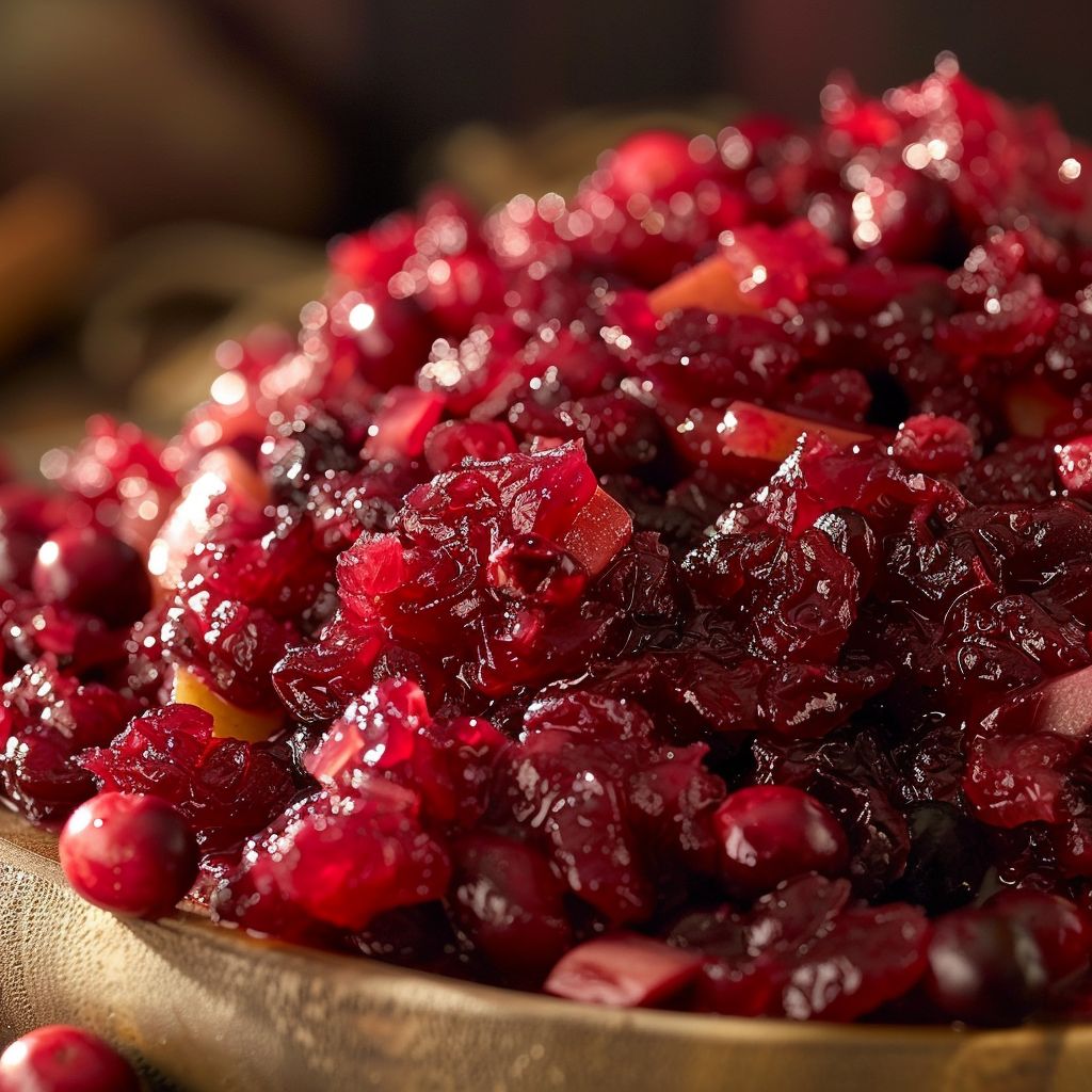 Close-up of a bowl of cranberry apple chutney with fresh cranberries and diced apples.