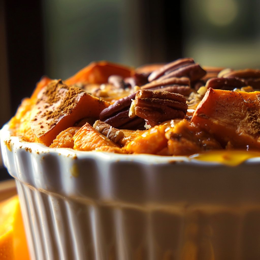 Close-up of a freshly baked Sweet Potato Soufflé with a golden-brown top and pecans.