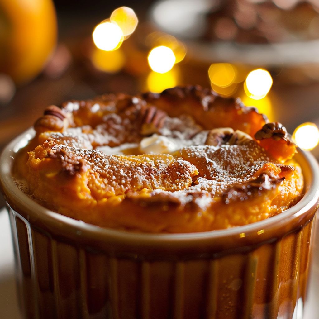 A close-up of a warm sweet potato soufflé topped with pecans, showcasing its fluffy texture.