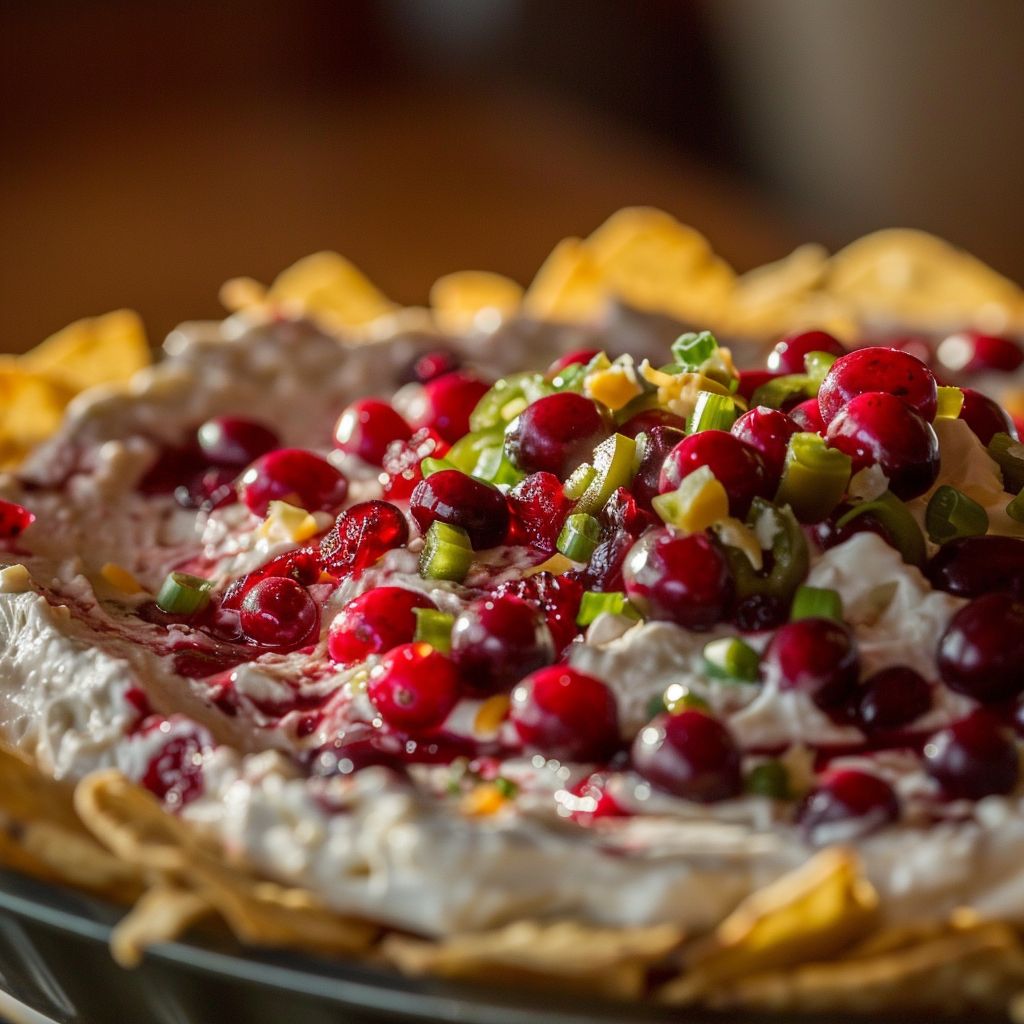 Close-up of creamy cranberry jalapeno dip in a bowl, garnished with green onions.