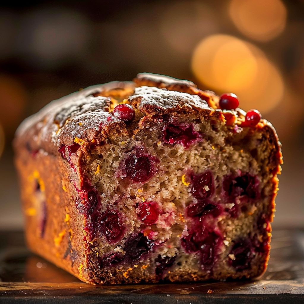 Close-up shot of a moist Cranberry Orange Bread with visible cranberries and orange zest.