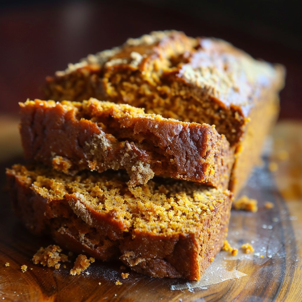 A slice of moist pumpkin bread on a rustic wooden table, showcasing its soft texture.