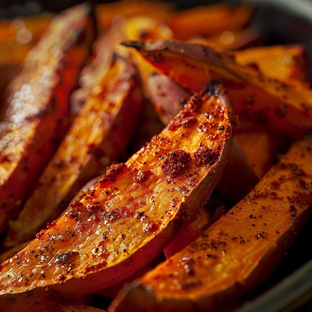 A close-up shot of crispy sweet potato fries with a soft, warm light highlighting their texture.