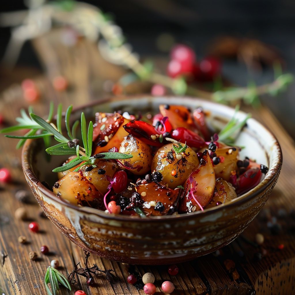 A vibrant plate of seasonal vegetables arranged artfully with herbs and spices.