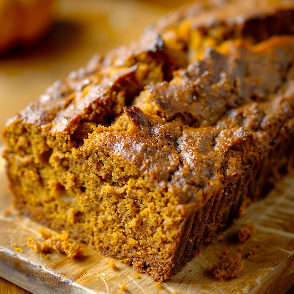 Close-up of moist pumpkin bread on a rustic wooden table, with a slice slightly pulled away.
