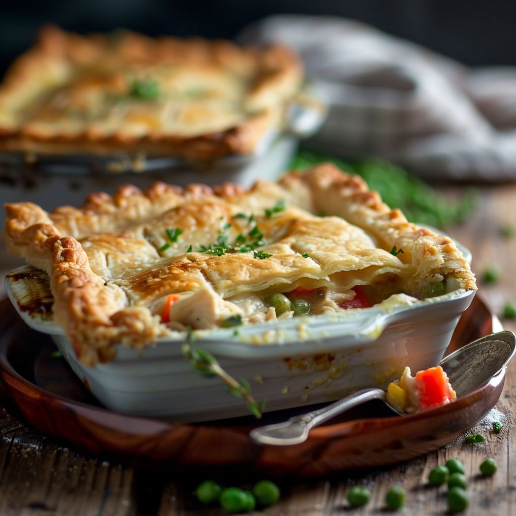 A homemade chicken pot pie casserole with a golden crust, displayed in a baking dish.