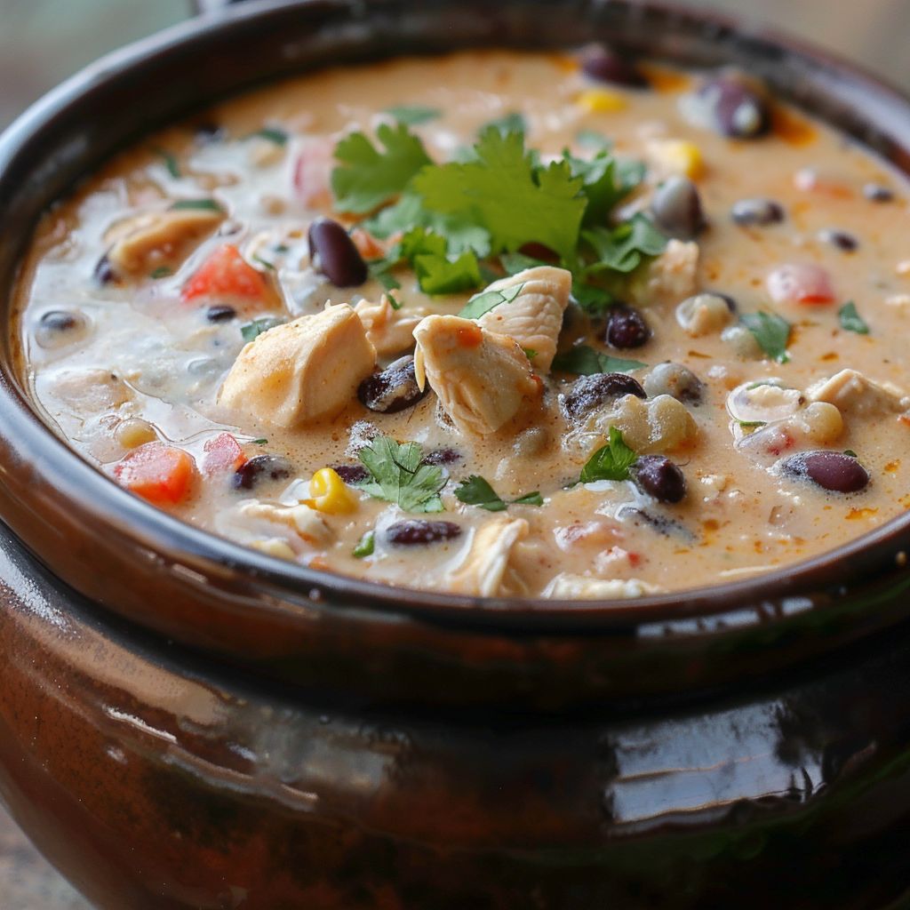 A close-up shot of creamy chicken chili in a crockpot with melted cream cheese on top.