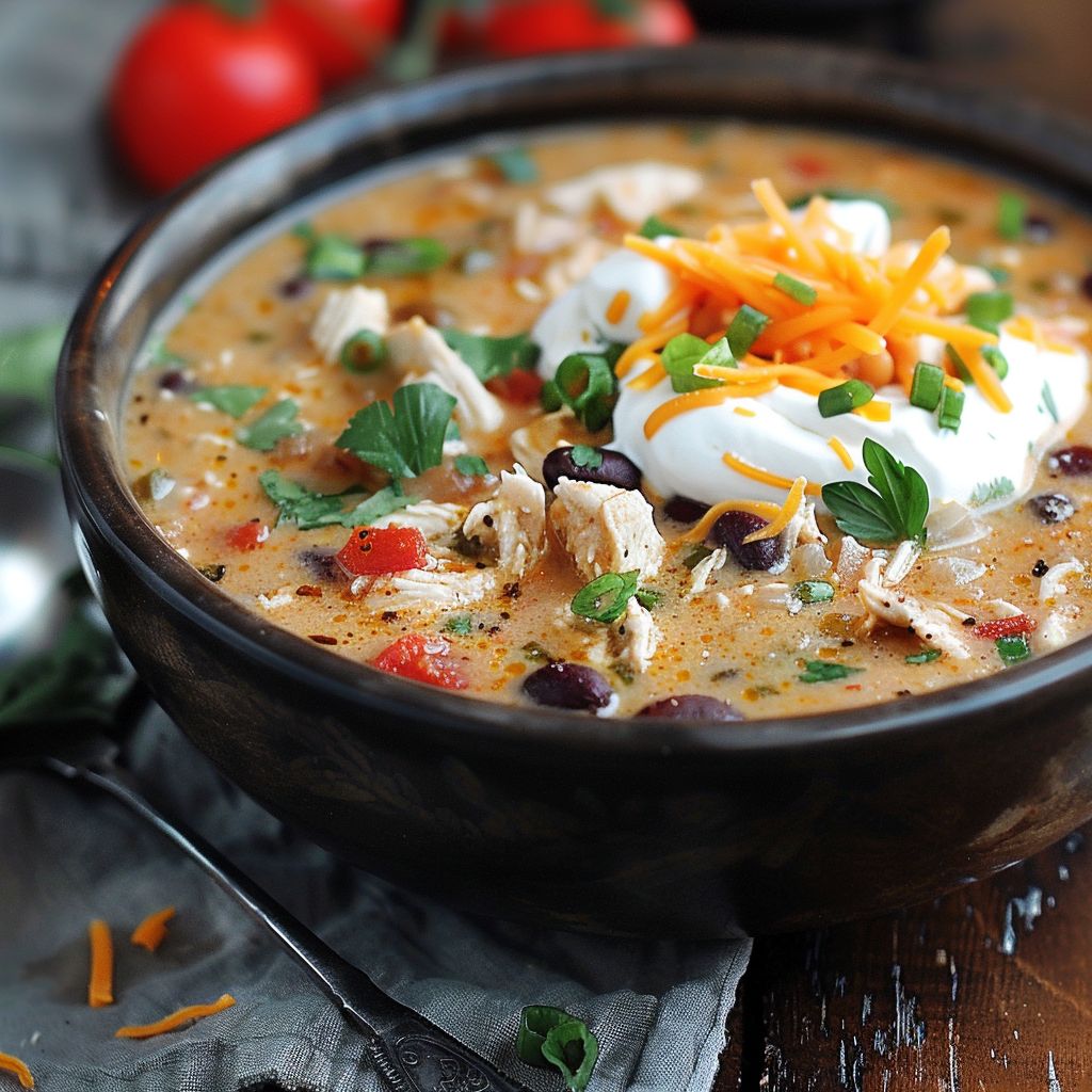 A vibrant bowl of creamy chicken chili topped with cilantro and cheese, set on a rustic wooden table.