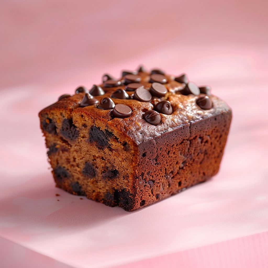 A close-up shot of a slice of banana chocolate chip pumpkin bread on a pale pink surface.