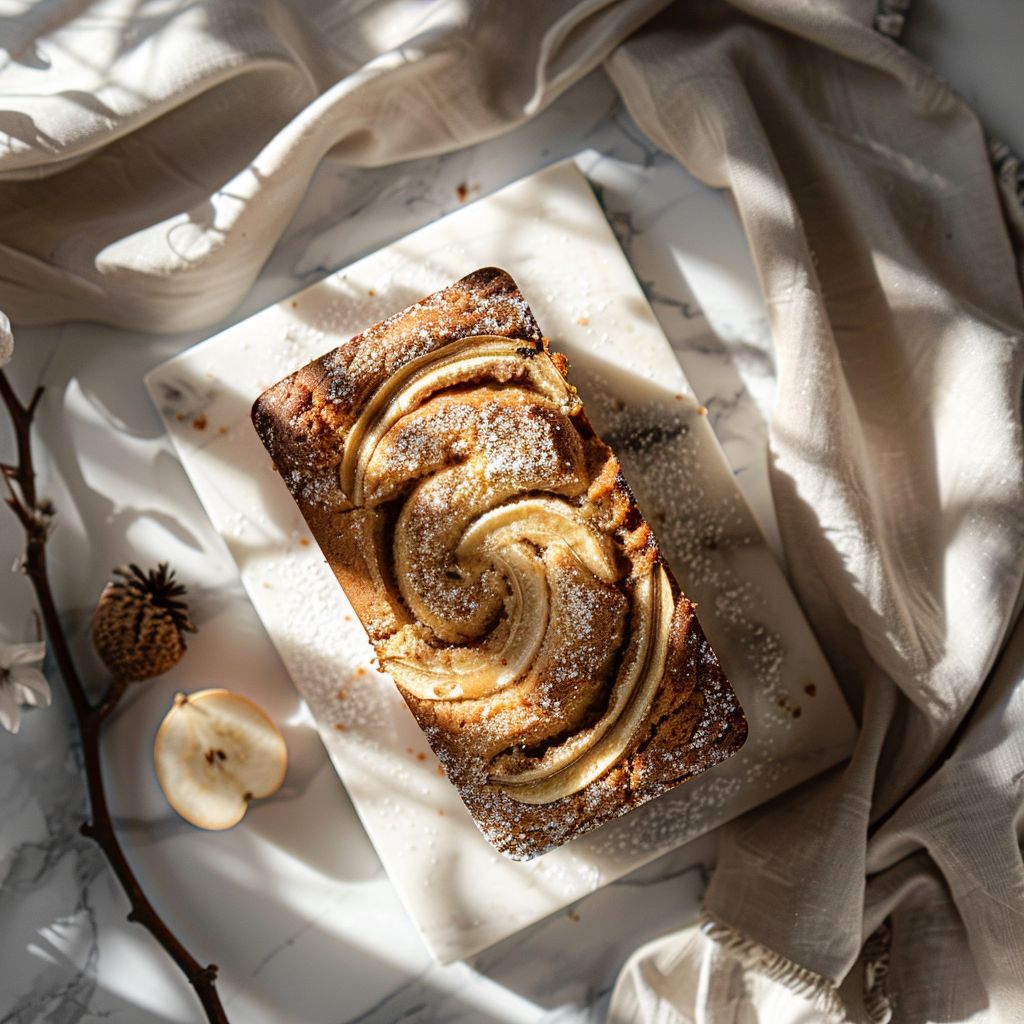 A top-down view of a slice of cinnamon swirl banana bread on a marble countertop.