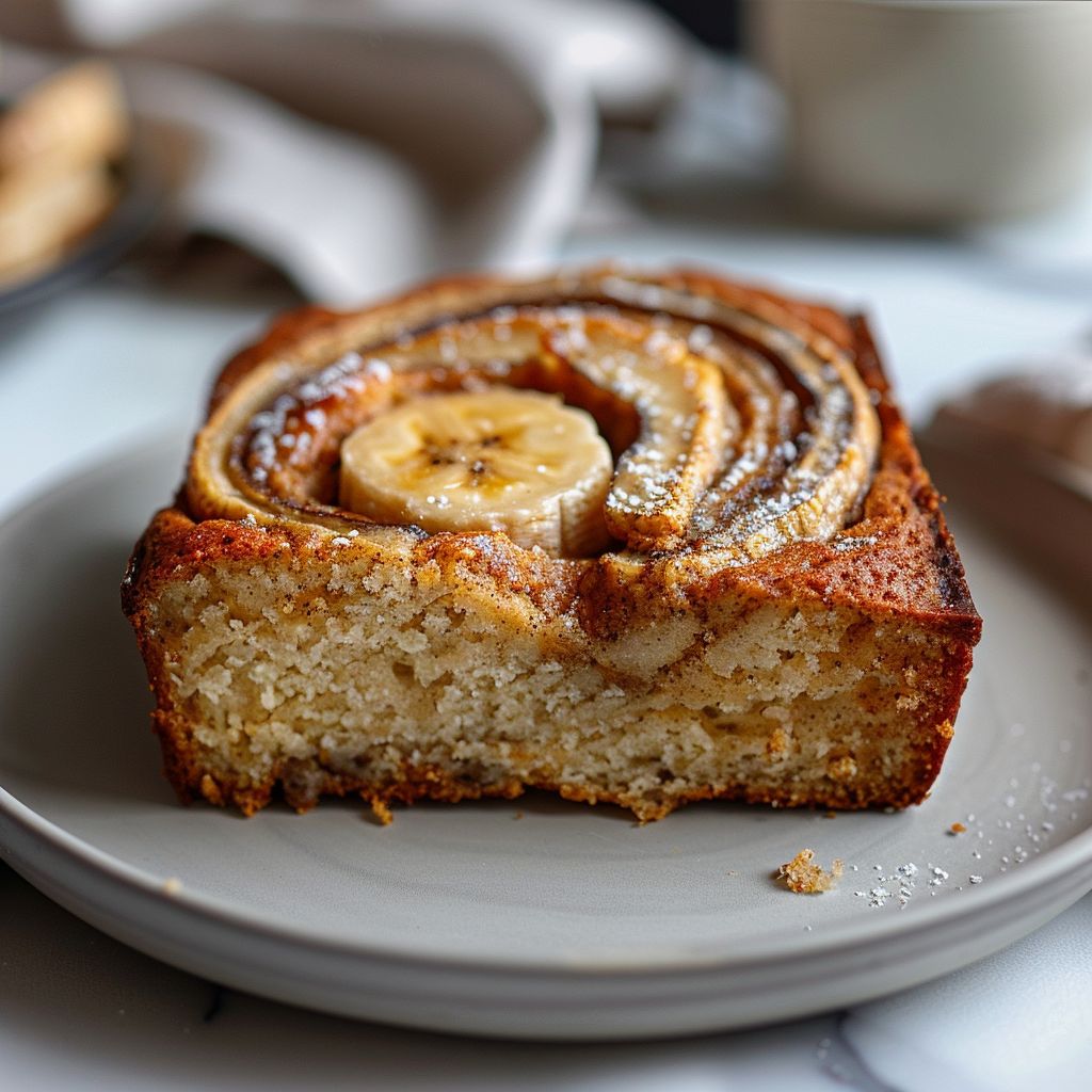 A slice of cinnamon swirl banana bread on a light grey plate, beautifully lit with soft natural light.