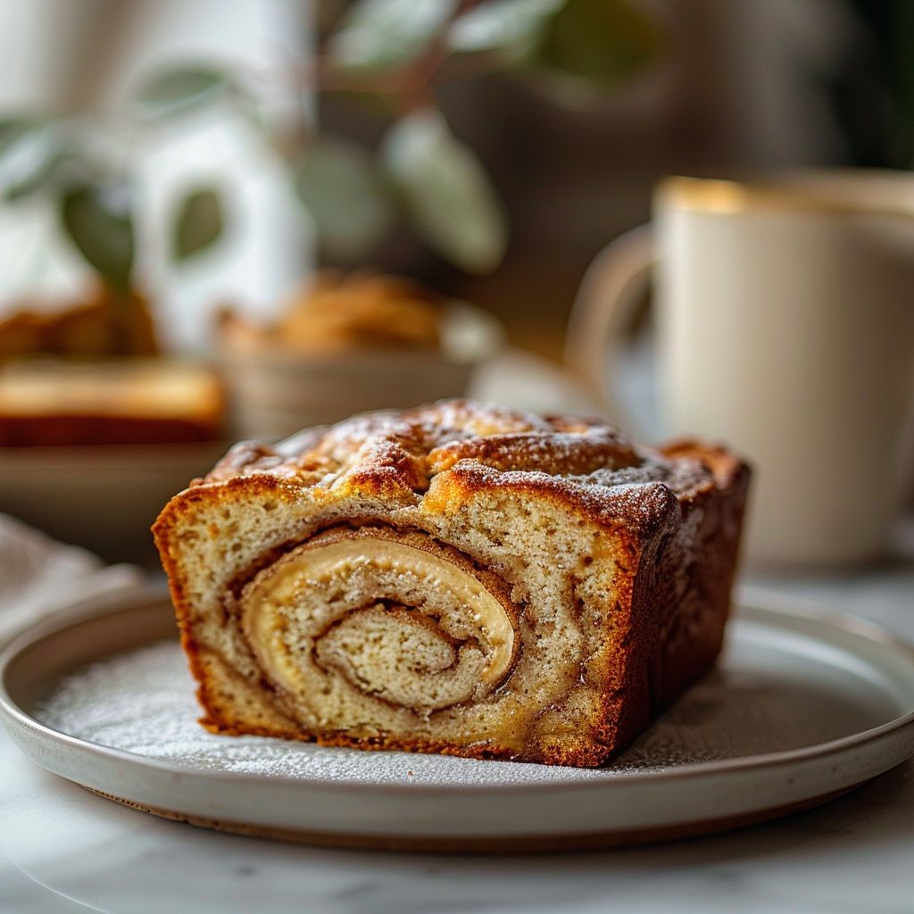 A close-up view of a slice of cinnamon swirl banana bread on a light grey ceramic plate.