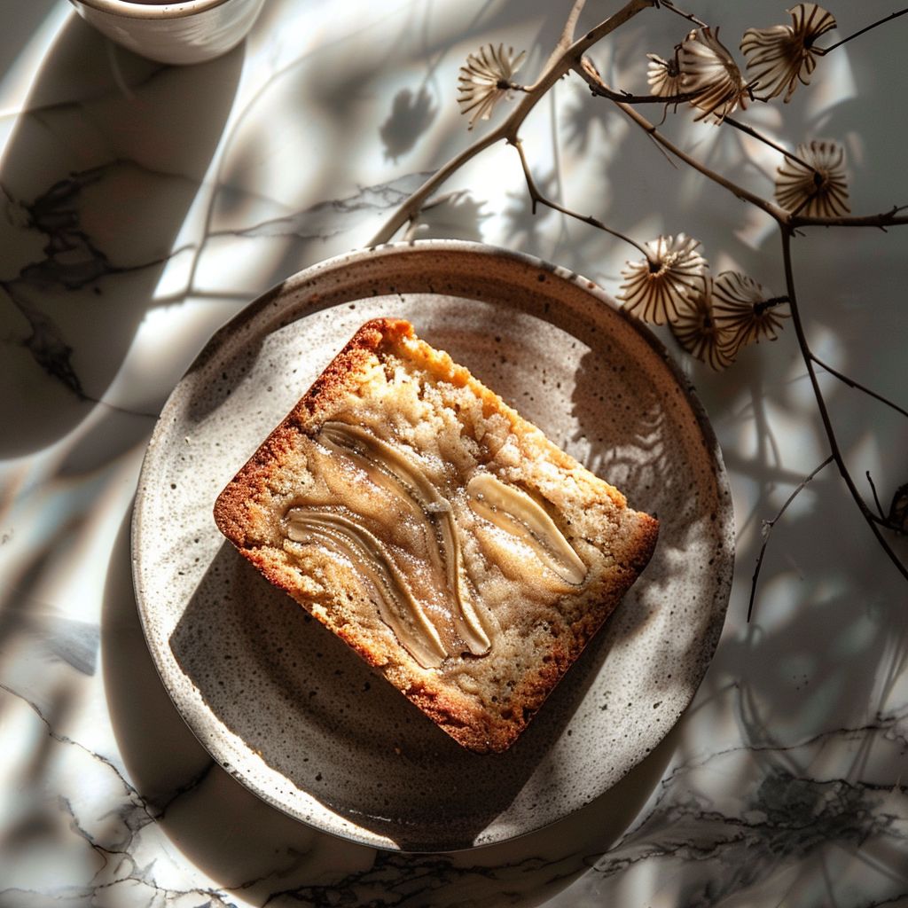 Top-down view of cinnamon swirl banana bread on a light grey ceramic plate.