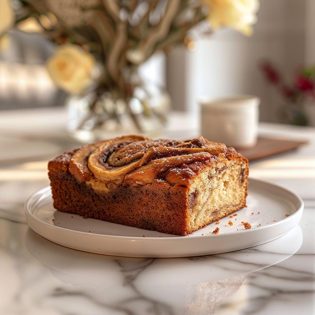 A slice of cinnamon swirl banana bread on a white marble countertop, illuminated by natural light.