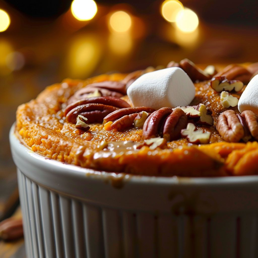 Close-up of a golden brown Sweet Potato Soufflé topped with mini marshmallows, displayed in a rustic dish.