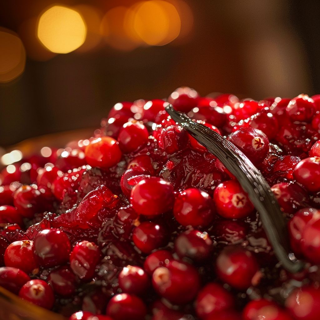 Close-up of Bourbon Vanilla Cider Cranberry Sauce with cranberries and vanilla bean.