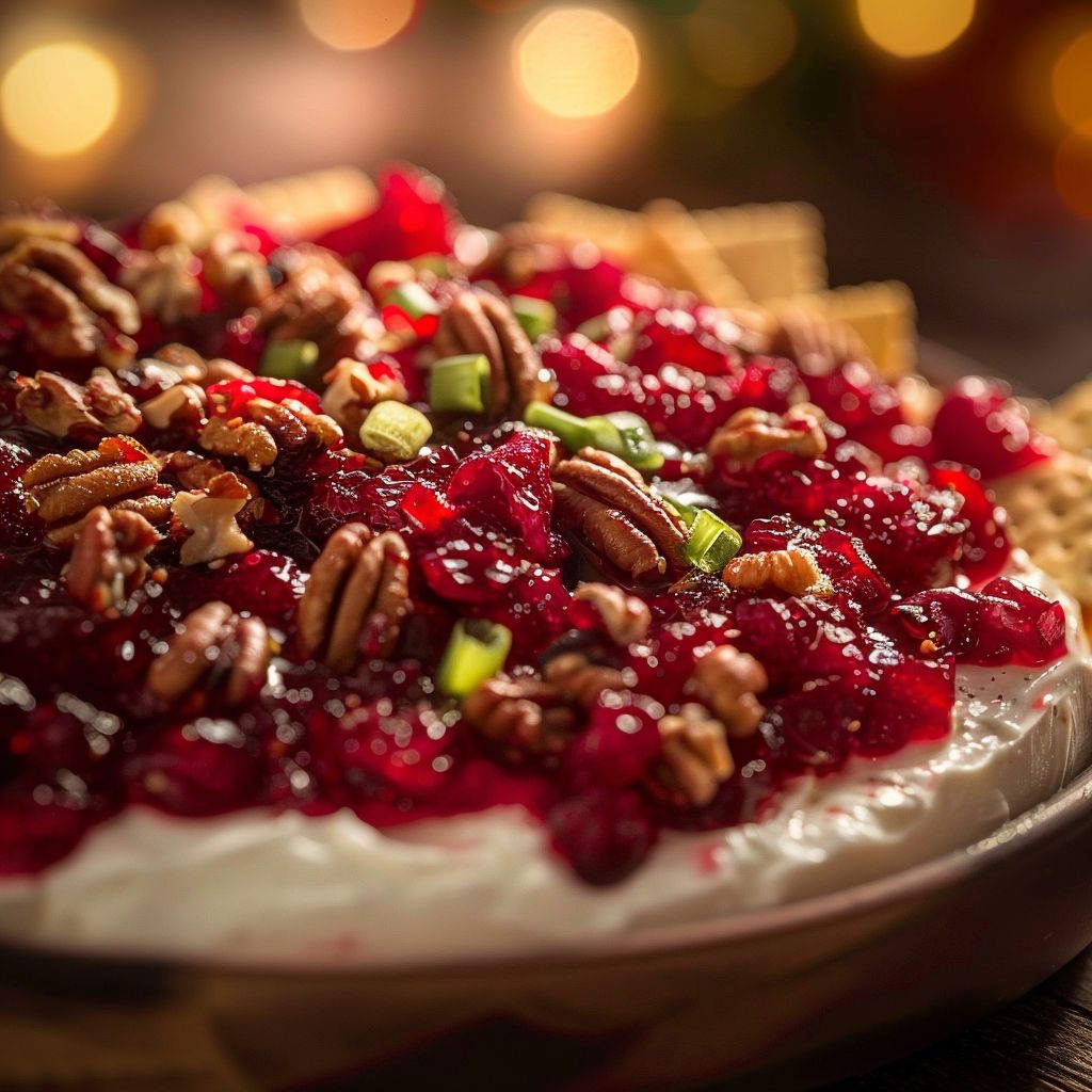 Close-up view of creamy cranberry dip with pecans and green onions, served with crackers.