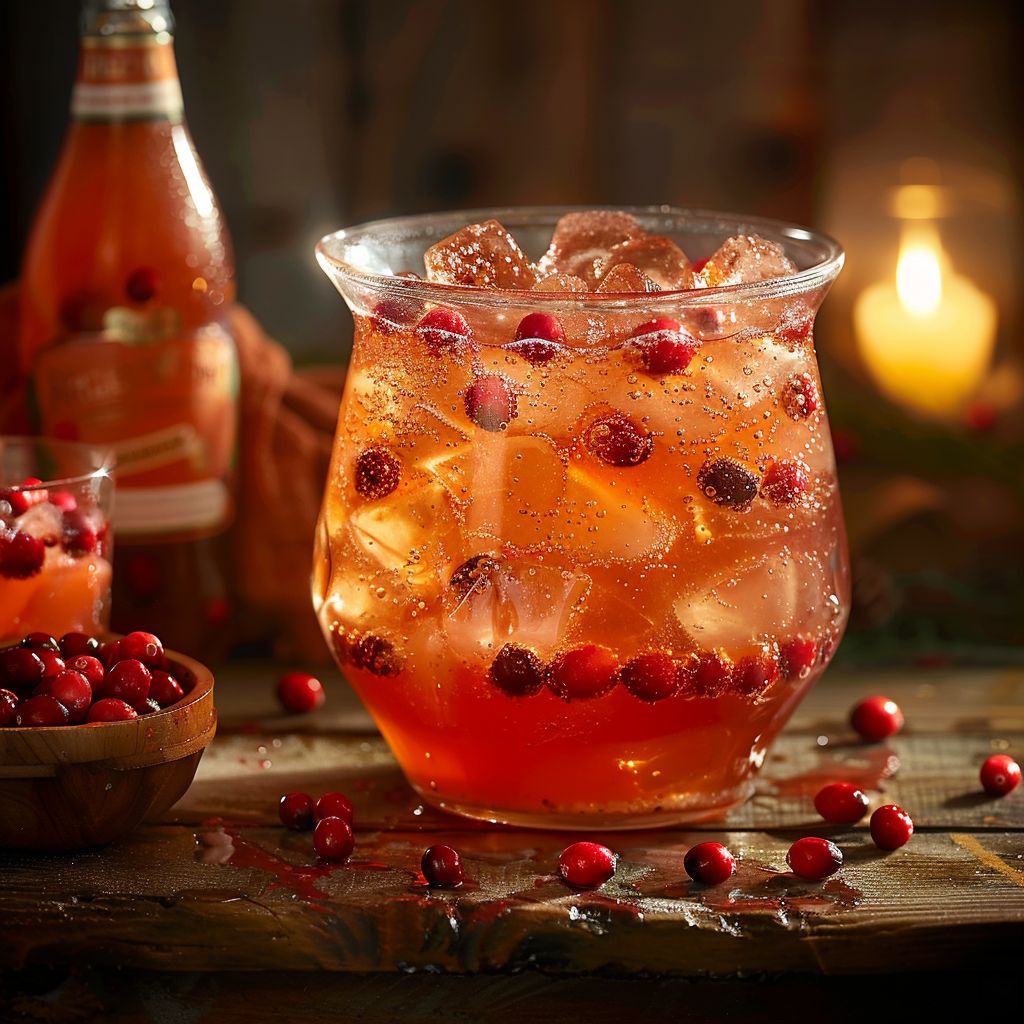 Close-up of a vibrant Thanksgiving Punch in a glass, with cranberries and ice garnishing.