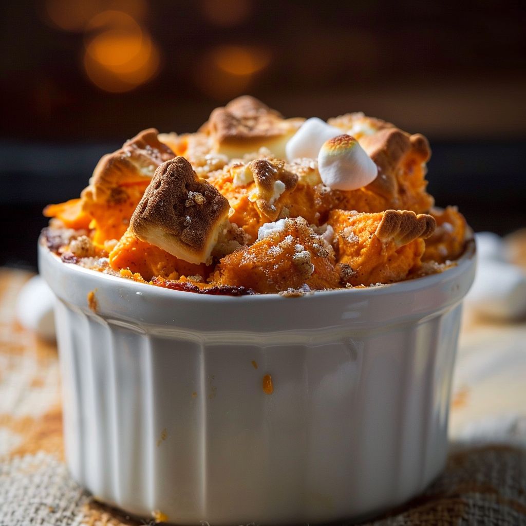 Close-up of a creamy, golden sweet potato souffle in a dish, with a soft, blurred background.