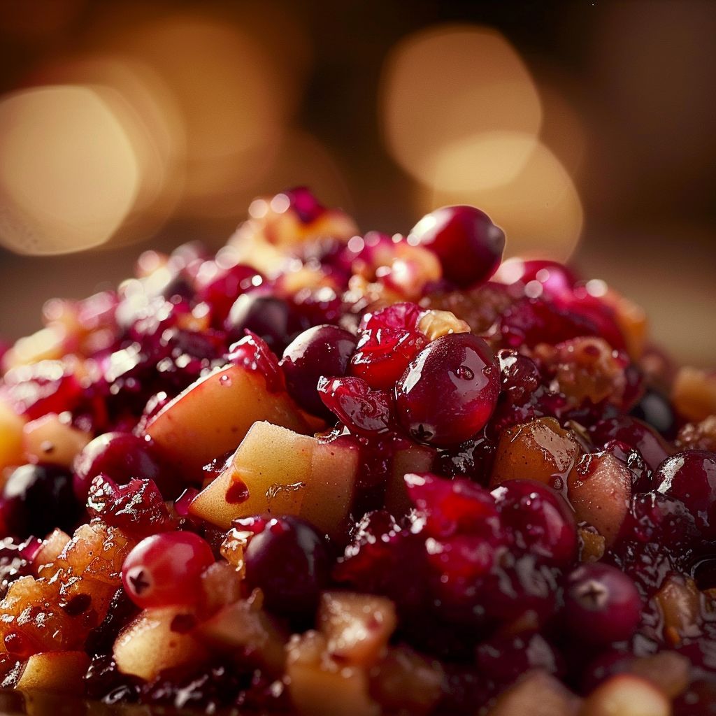 Close-up of a bowl of cranberry apple chutney with fresh cranberries and diced apples.