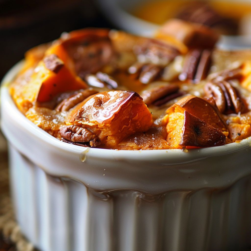 Close-up of a freshly baked Sweet Potato Soufflé with a golden-brown top and pecans.