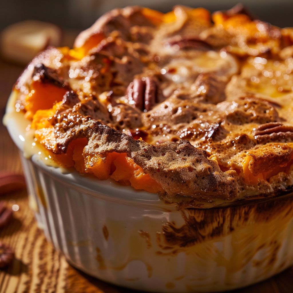 A close-up of a warm sweet potato soufflé topped with pecans, showcasing its fluffy texture.