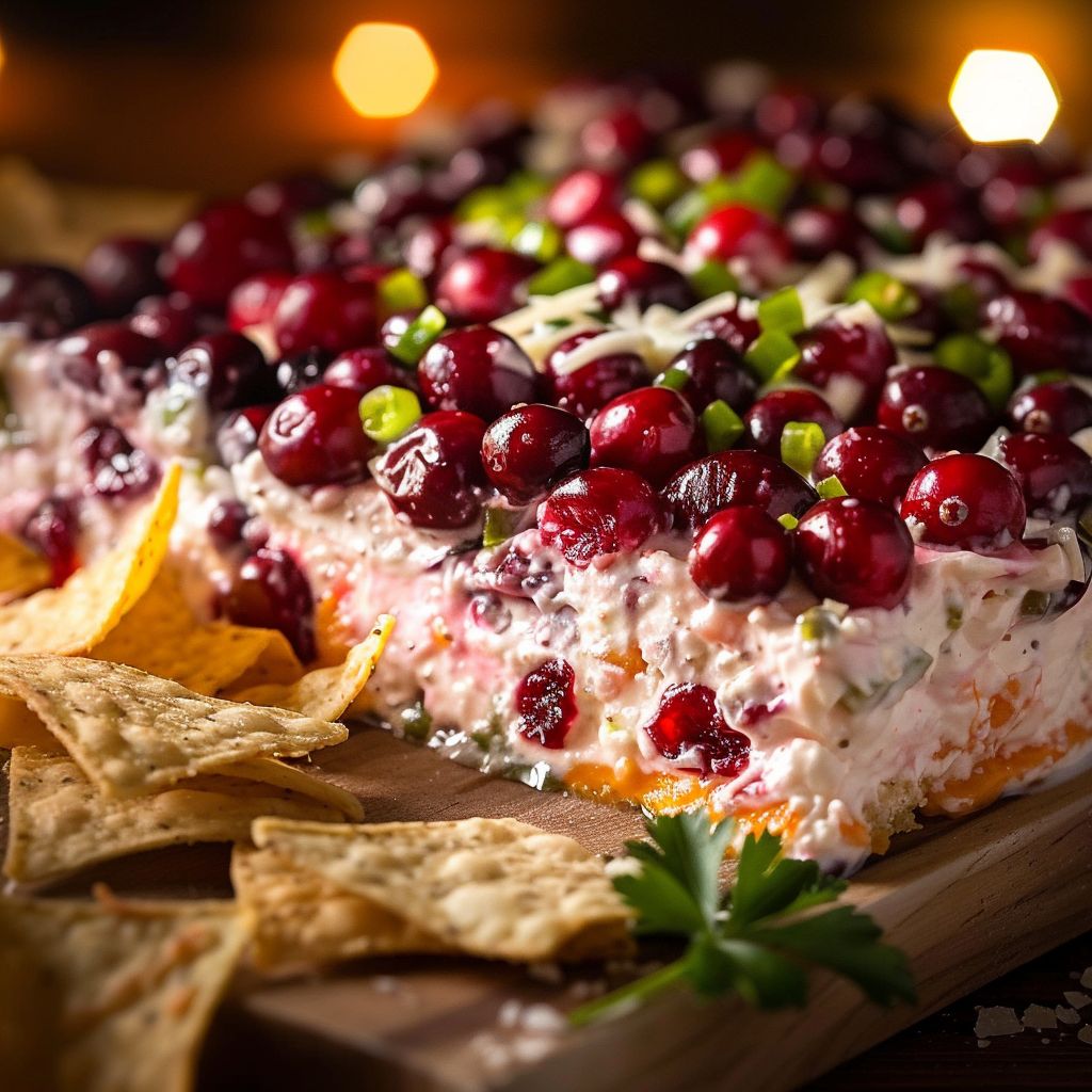 Close-up of creamy cranberry jalapeno dip in a bowl, garnished with green onions.