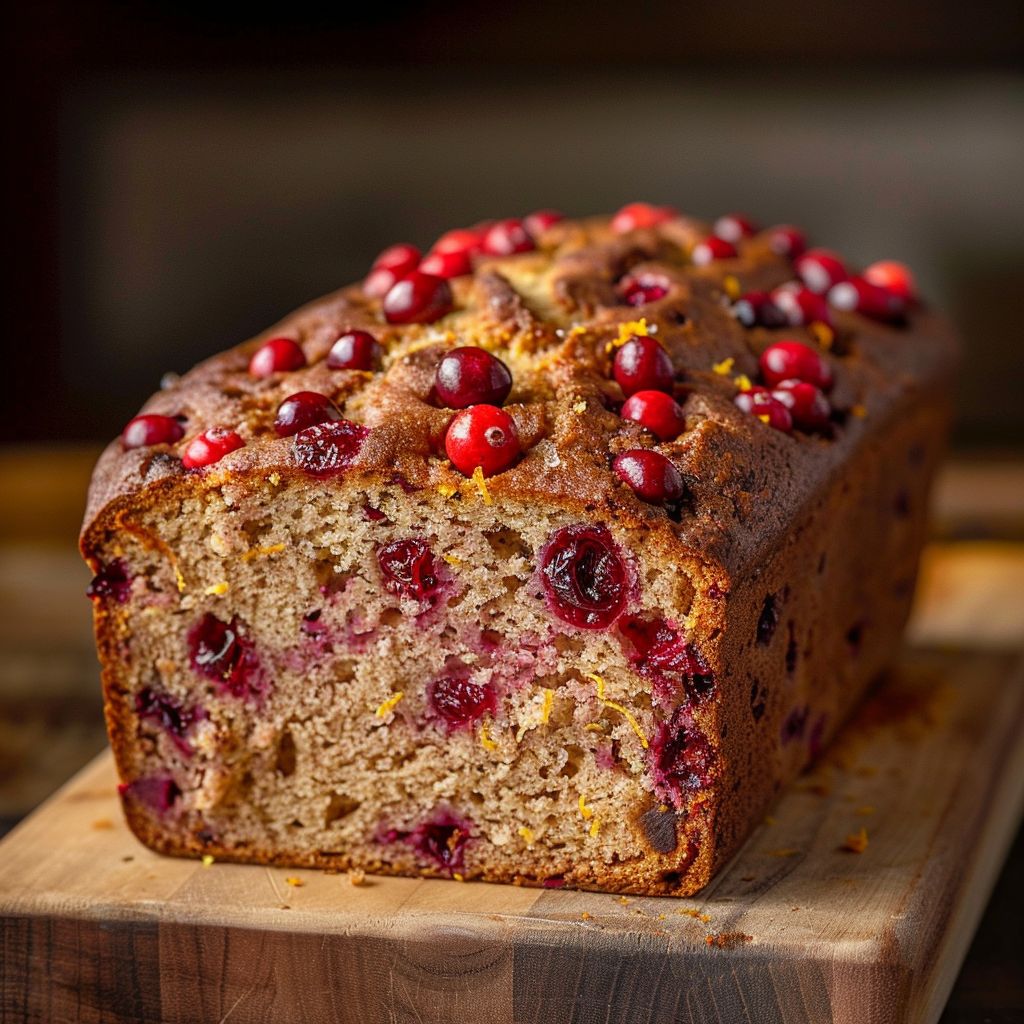Close-up shot of a moist Cranberry Orange Bread with visible cranberries and orange zest.