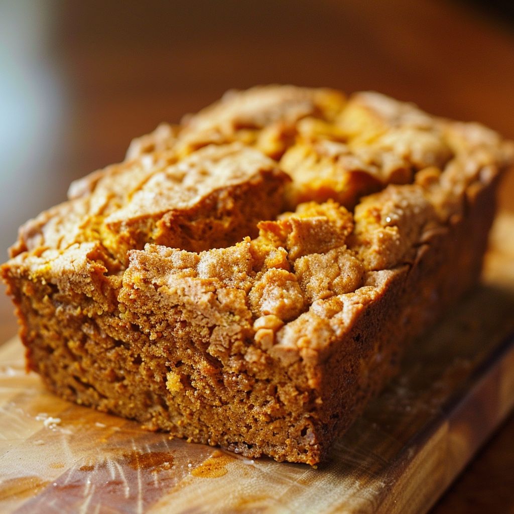 A slice of moist pumpkin bread on a rustic wooden table, showcasing its soft texture.