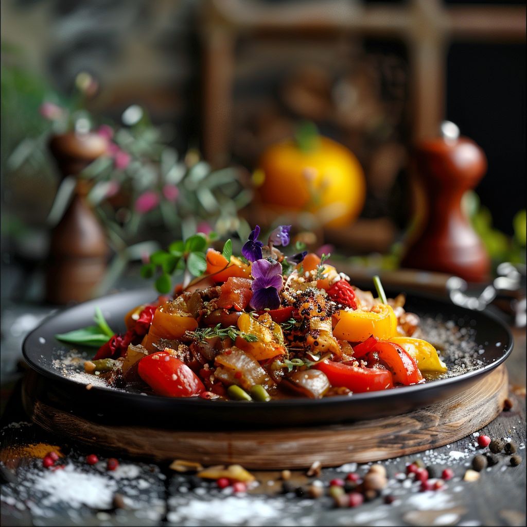 A vibrant plate of seasonal vegetables arranged artfully with herbs and spices.