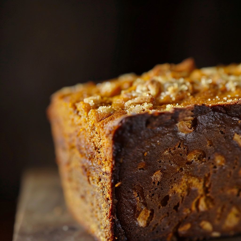 Close-up of moist pumpkin bread on a rustic wooden table, with a slice slightly pulled away.