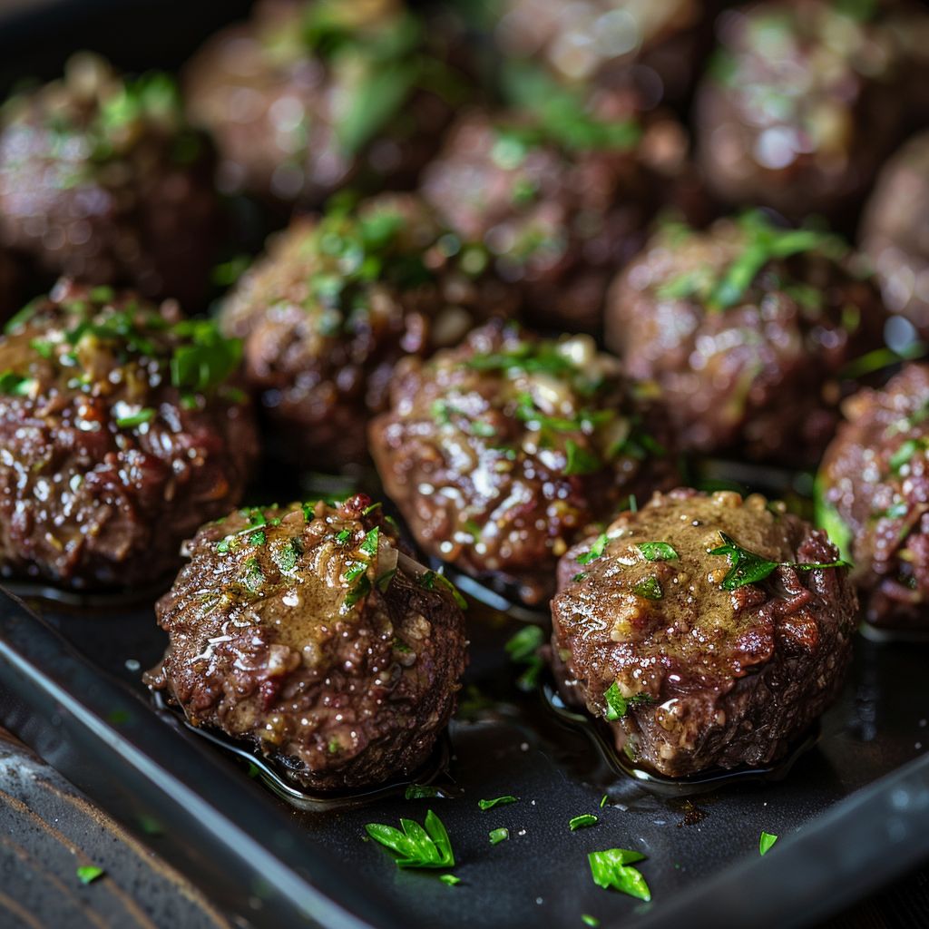A close-up view of garlic butter beef bites with potatoes in a slow cooker, illuminated by soft natural light.