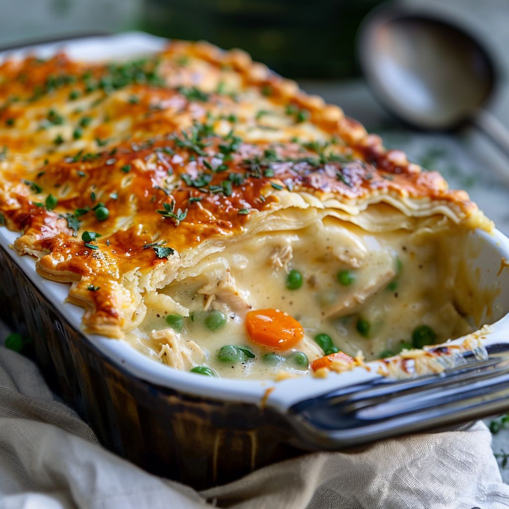 A homemade chicken pot pie casserole with a golden crust, displayed in a baking dish.