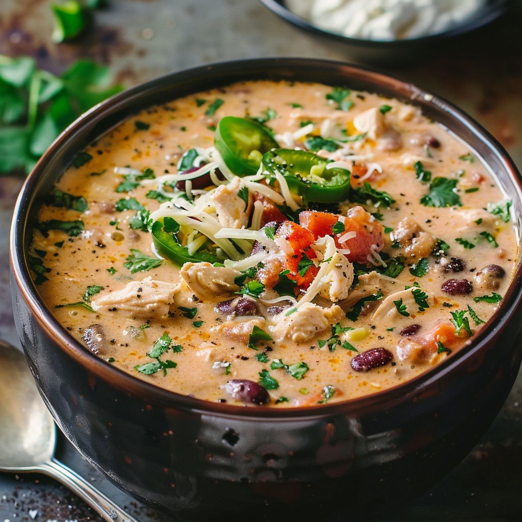 A close-up shot of creamy chicken chili in a crockpot with melted cream cheese on top.