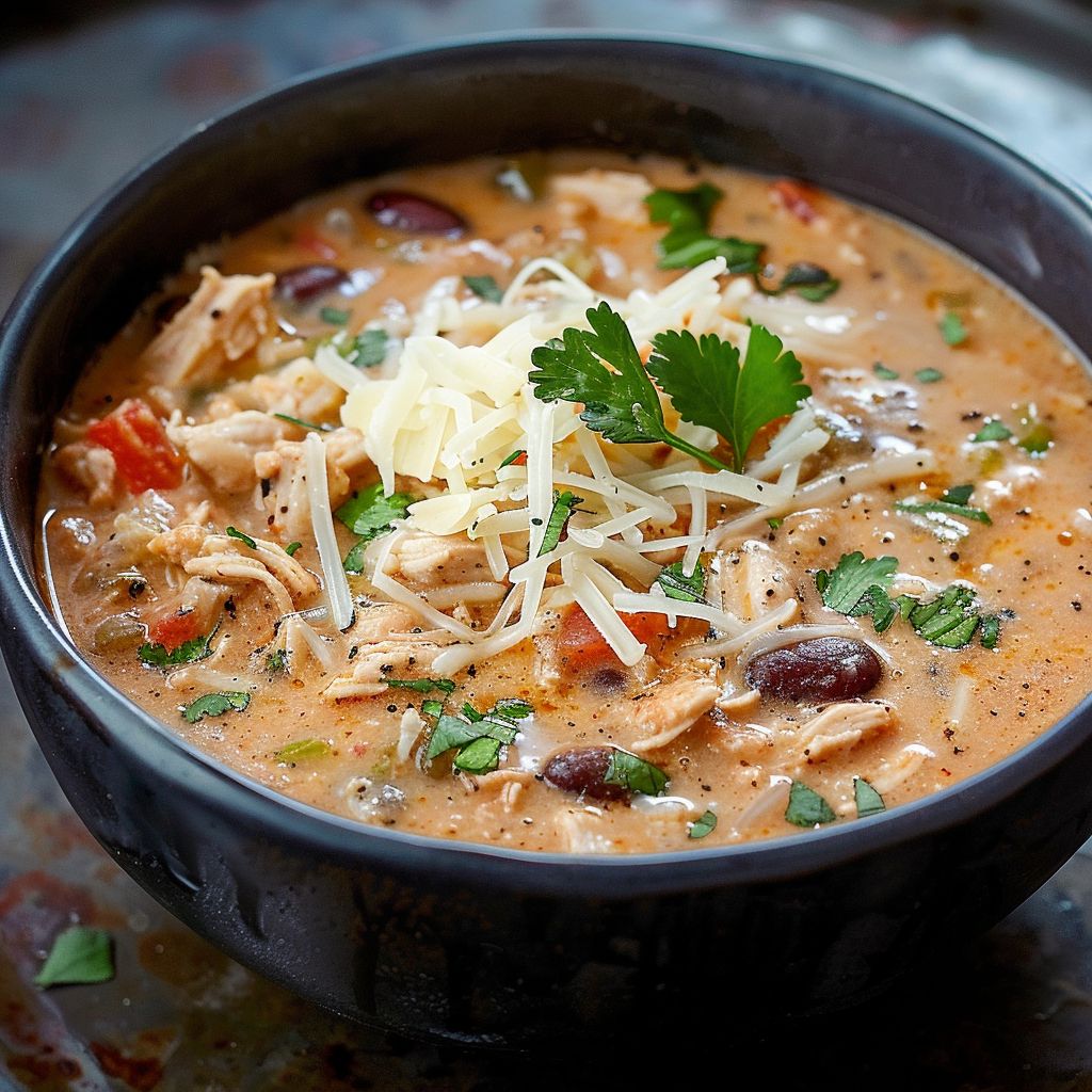 A vibrant bowl of creamy chicken chili topped with cilantro and cheese, set on a rustic wooden table.