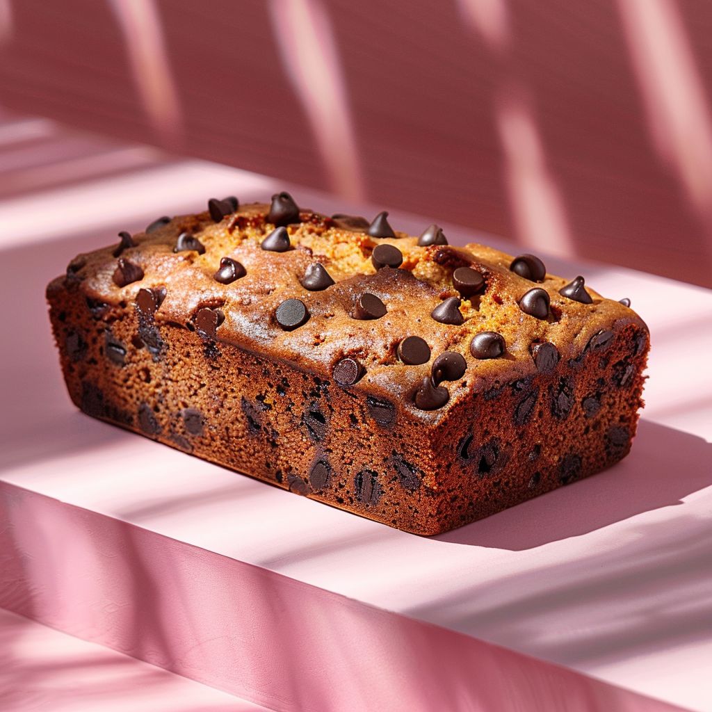 A close-up shot of a slice of banana chocolate chip pumpkin bread on a pale pink surface.