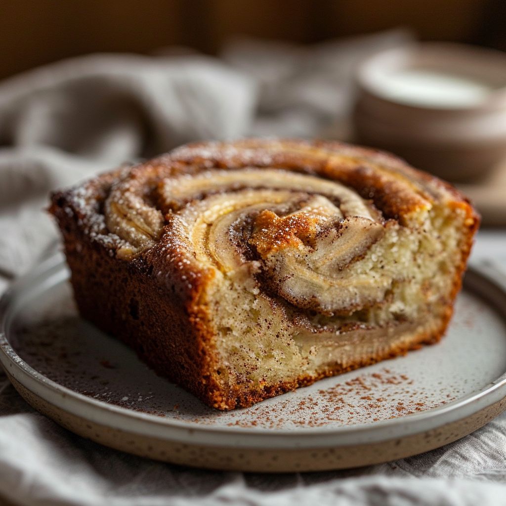 A slice of cinnamon swirl banana bread on a light grey plate, beautifully lit with soft natural light.