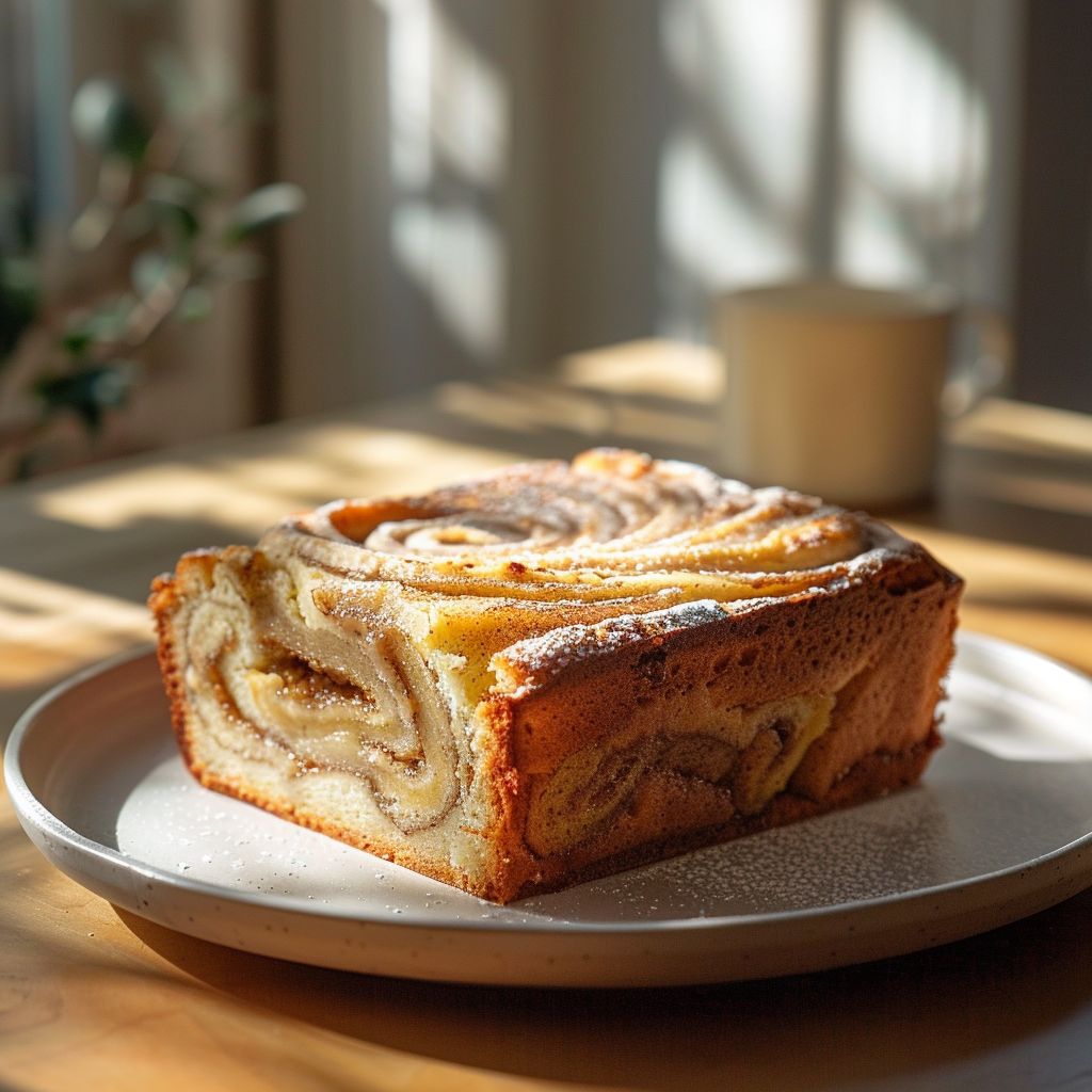 A close-up view of a slice of cinnamon swirl banana bread on a light grey ceramic plate.