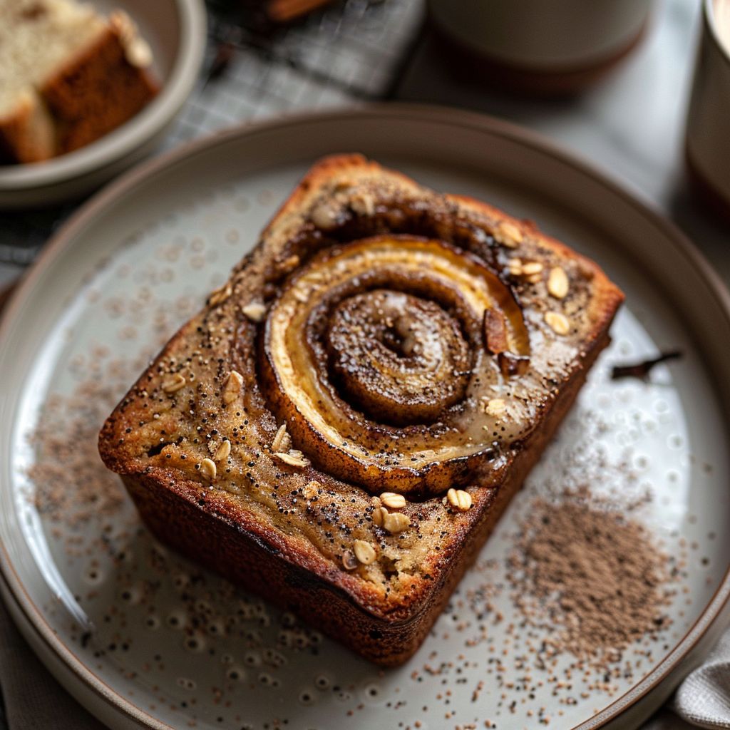 Top-down view of cinnamon swirl banana bread on a light grey ceramic plate.