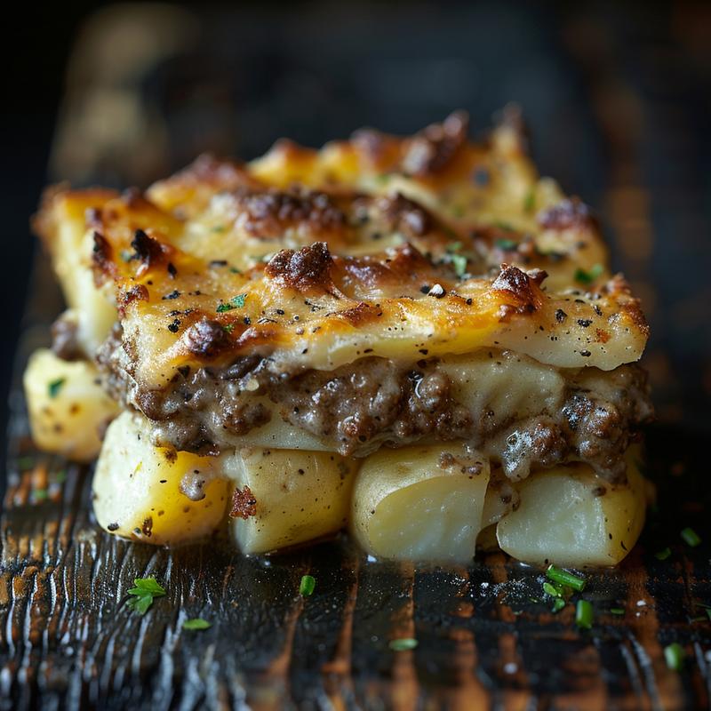 Close-up of a rich hamburger potato casserole in a rustic setting, showcasing its creamy texture and golden-brown top.