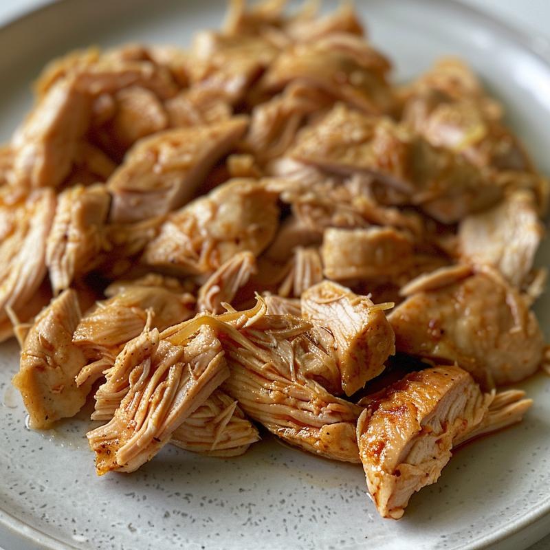Close-up of tender, shredded chicken on a light grey ceramic plate with soft shadows.