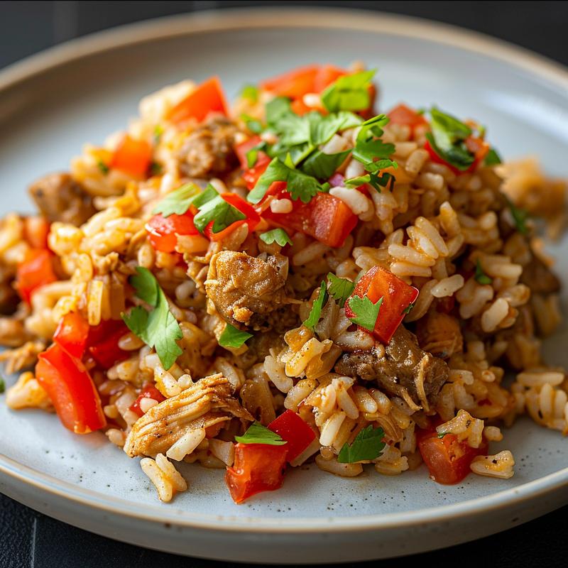 Close-up of a chicken taco rice casserole on a light grey plate, highlighting its texture and colors.
