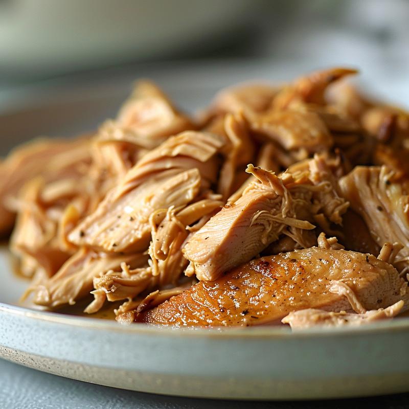 Close-up of tender, shredded chicken on a light grey ceramic plate.