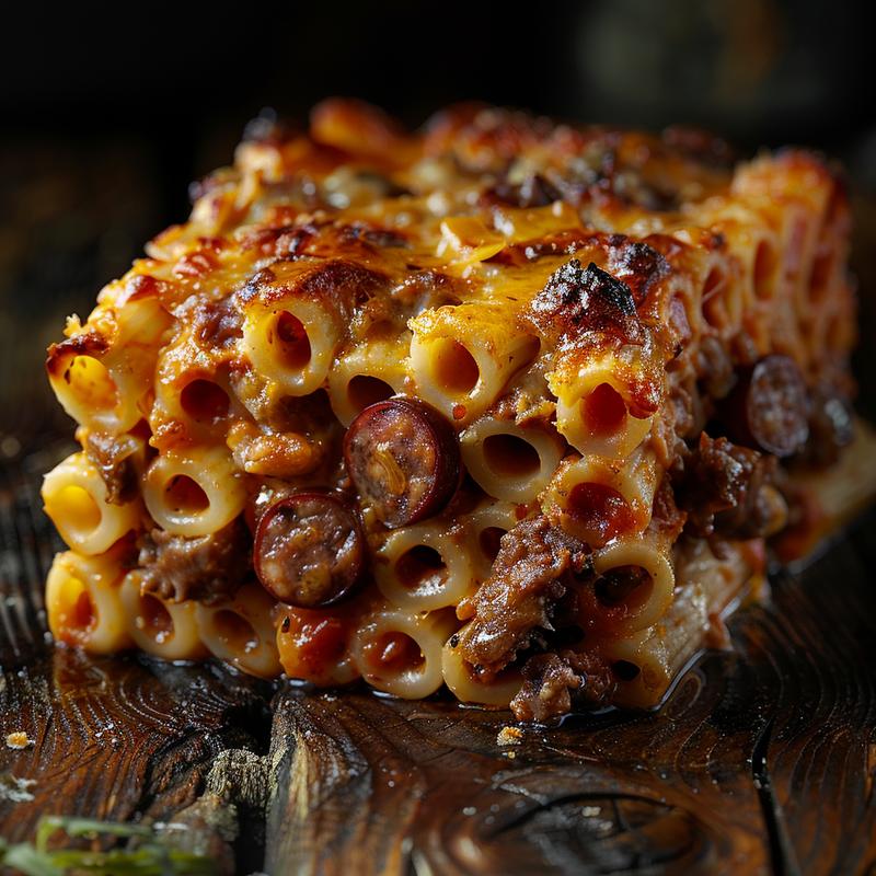 Close-up of a creamy pasta bake with sausage on a rustic wooden table.