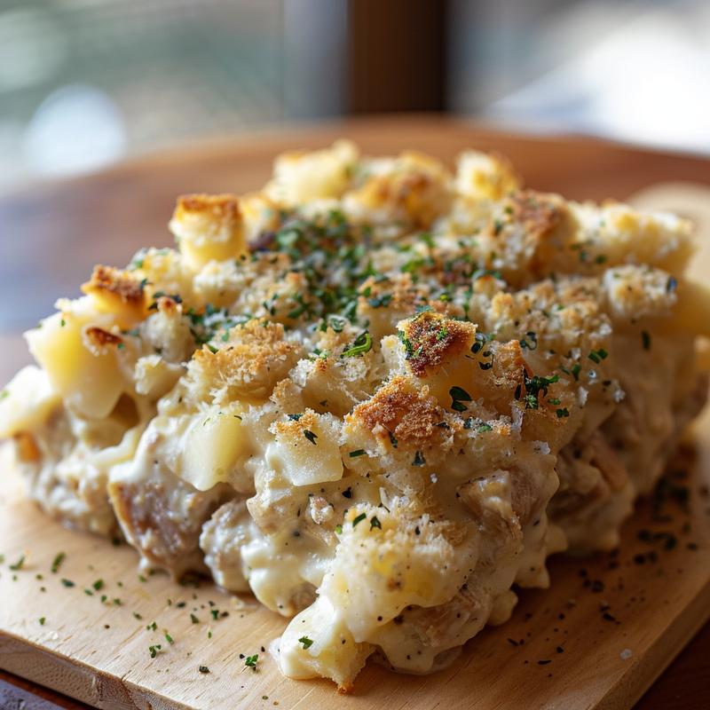 Close-up of a creamy tuna casserole served on a light wood board, showcasing its texture and ingredients.