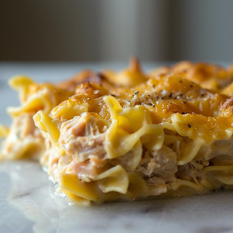 A close-up of a creamy tuna casserole with egg noodles in a white bowl on a marble surface.